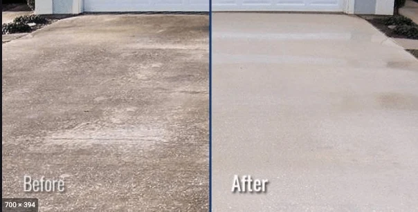 Side-by-side concrete driveway comparison showing the surface before and after cleaning