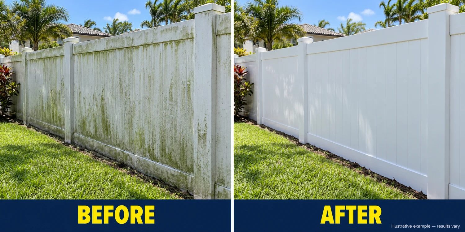 Illustrative before and after white pvc fence cleaning, showing algae and grime compared with clean surfaces