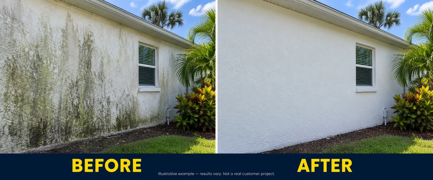 Illustrative before and after house washing, showing algae and grime compared with clean surfaces