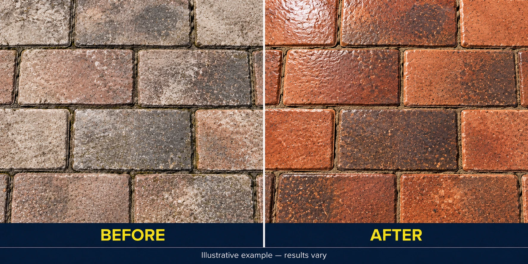 Illustration comparing dull, grimy pavers with cleaned and sealed pavers showing richer color and a deep shine