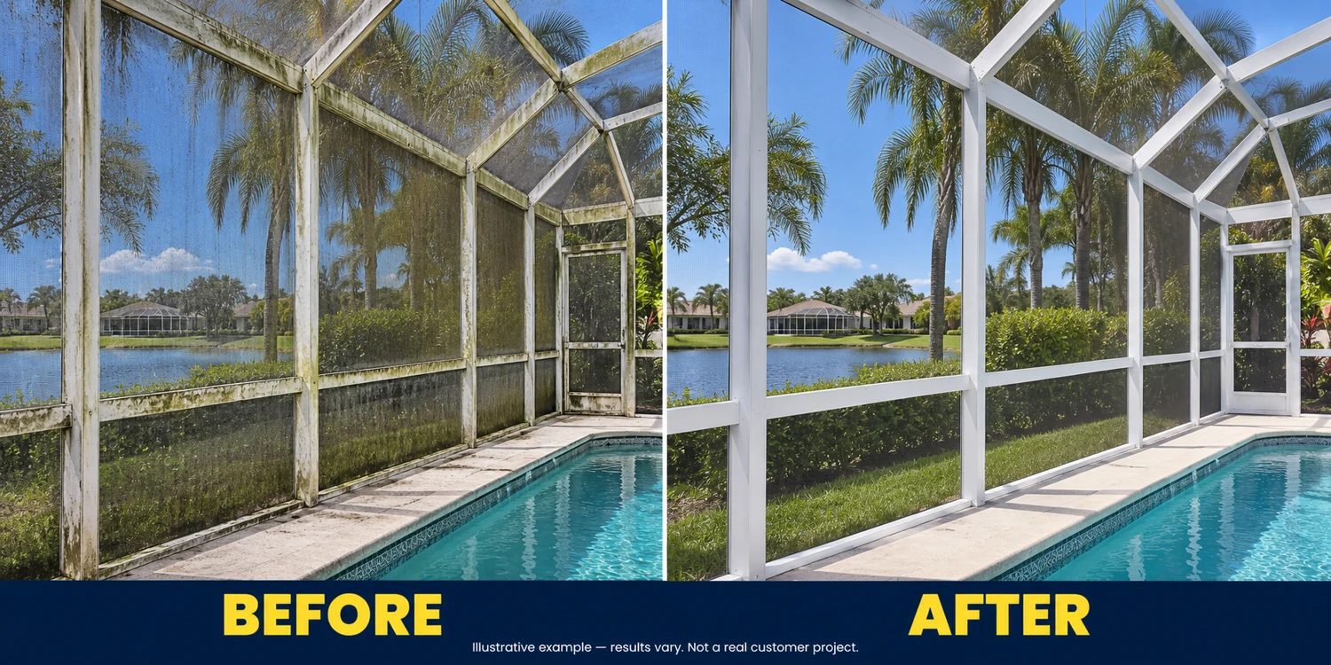 Illustrative before and after pool cage cleaning, showing algae and grime compared with clean surfaces