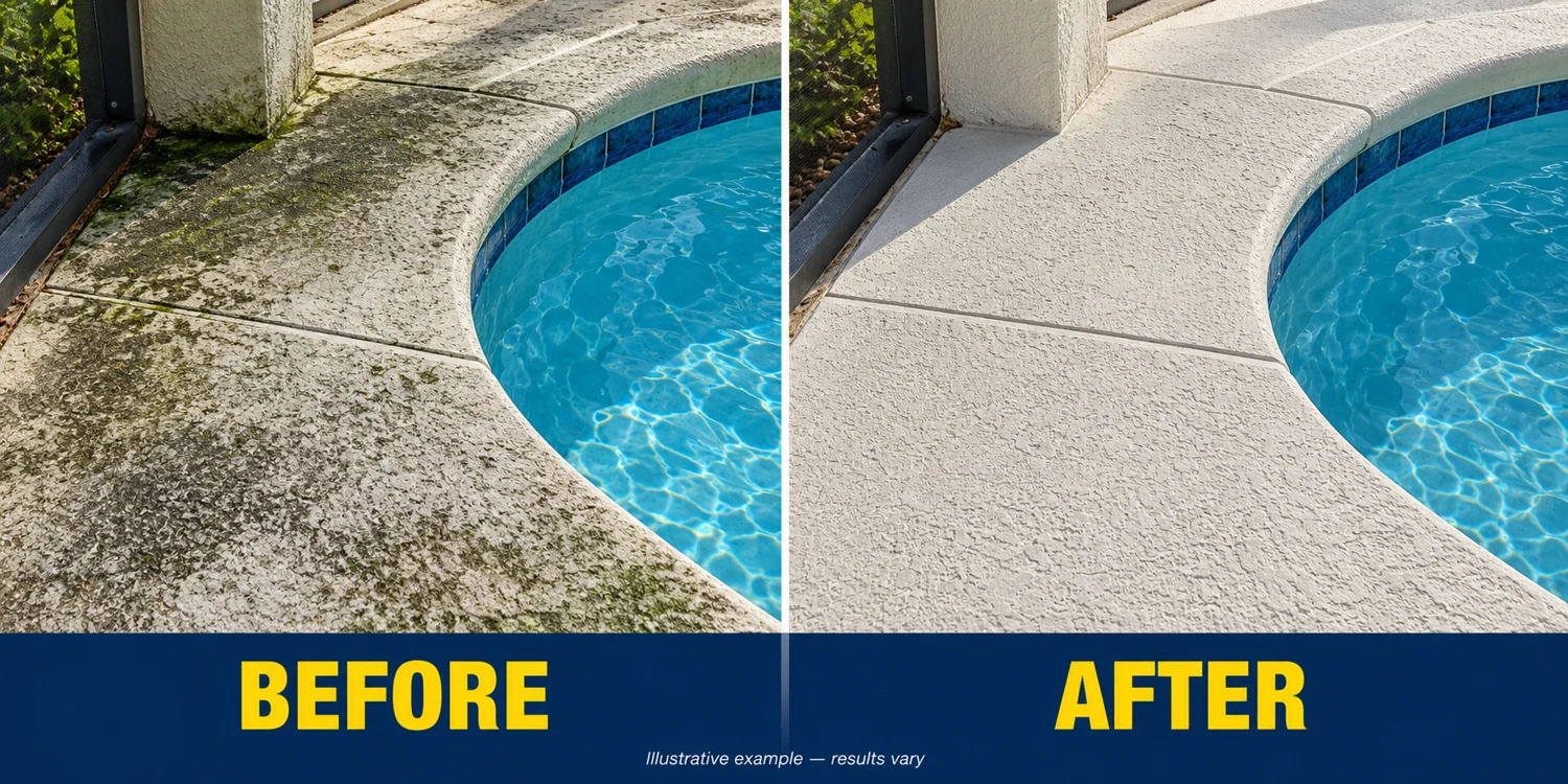 Illustrative before and after pool deck cleaning, showing algae and grime compared with clean surfaces